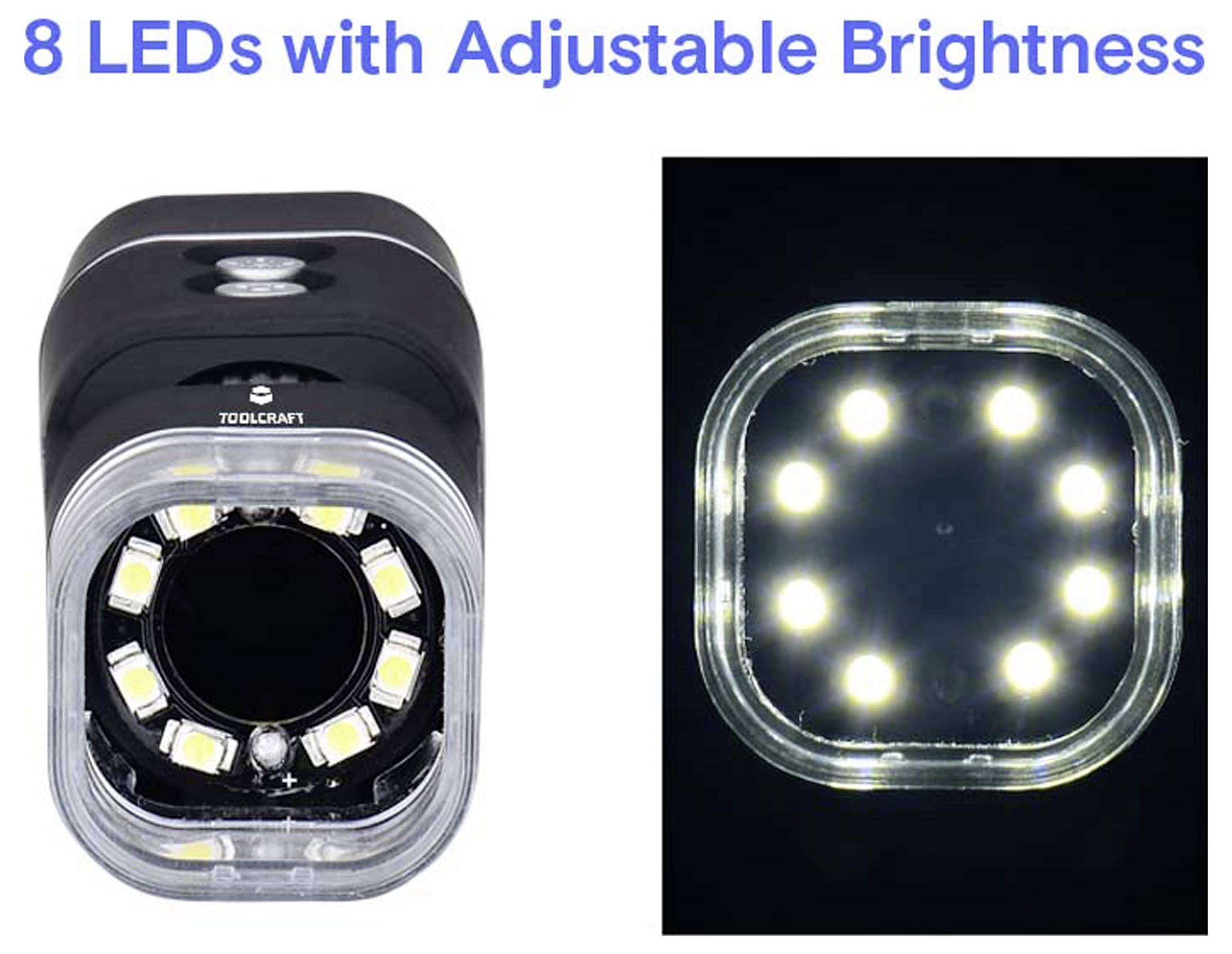 Productafbeelding van een zwart LED-licht met '8 LEDs met verstelbare helderheid' uitgeschakeld en verlicht, met de acht lichten rond een centrale opening prominent in beeld.