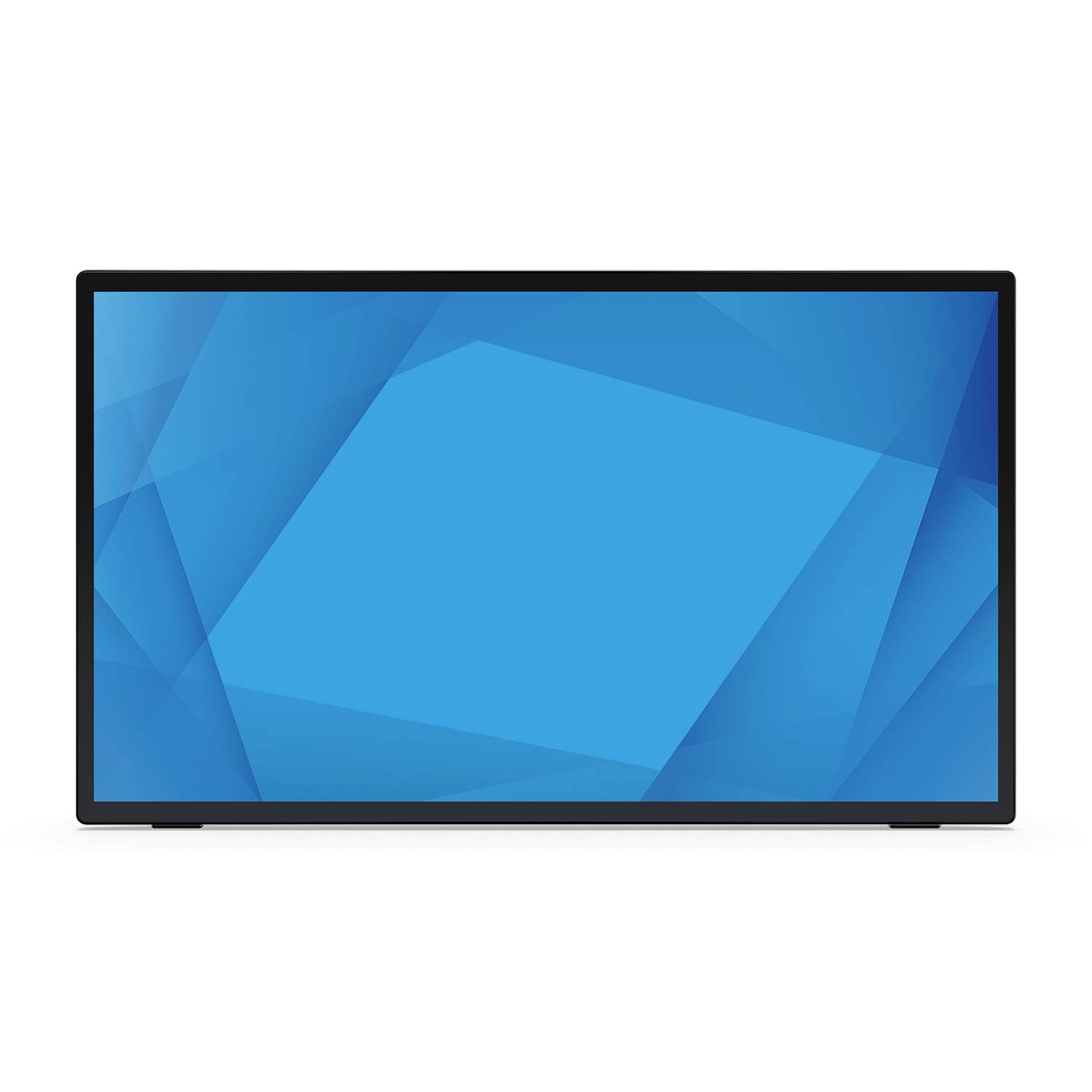 Een flatscreen-monitor met een blauwe geometrische abstracte achtergrond op een witte achtergrond.