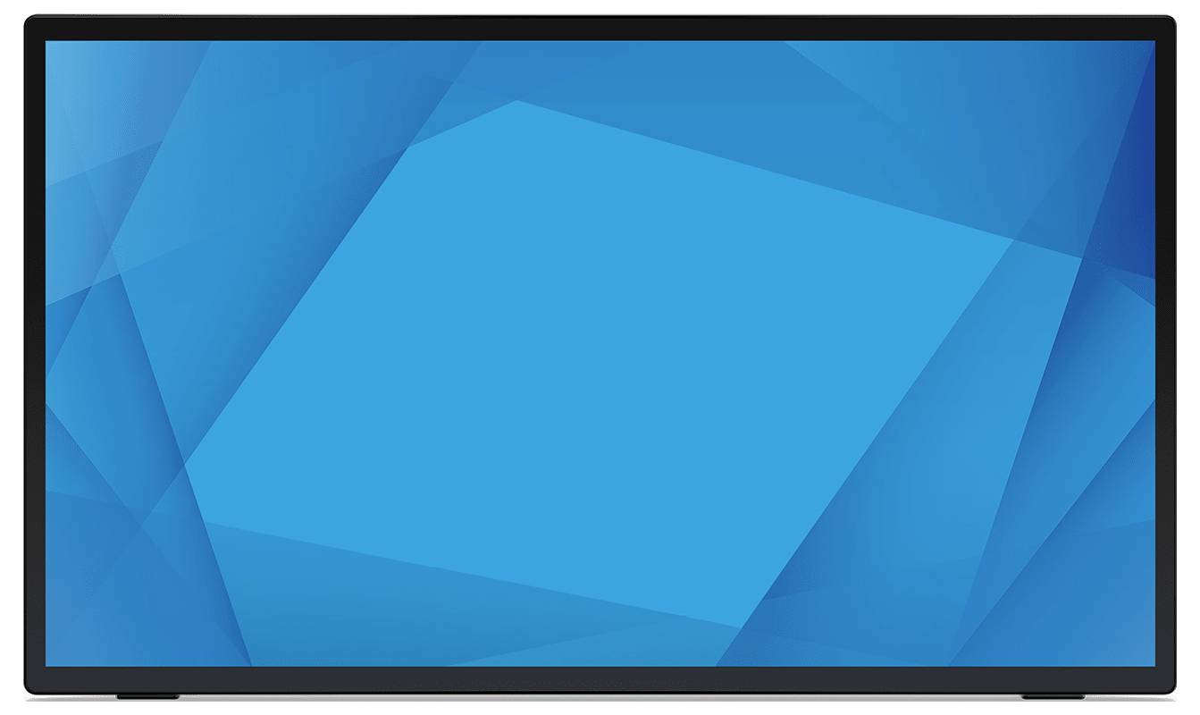 Blank flatscreen-tv met een blauw abstract geometrisch behang op het scherm.