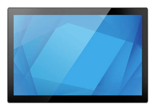 Zwarte tablet of monitor met een blauw geometrisch abstract achtergrond op het scherm.