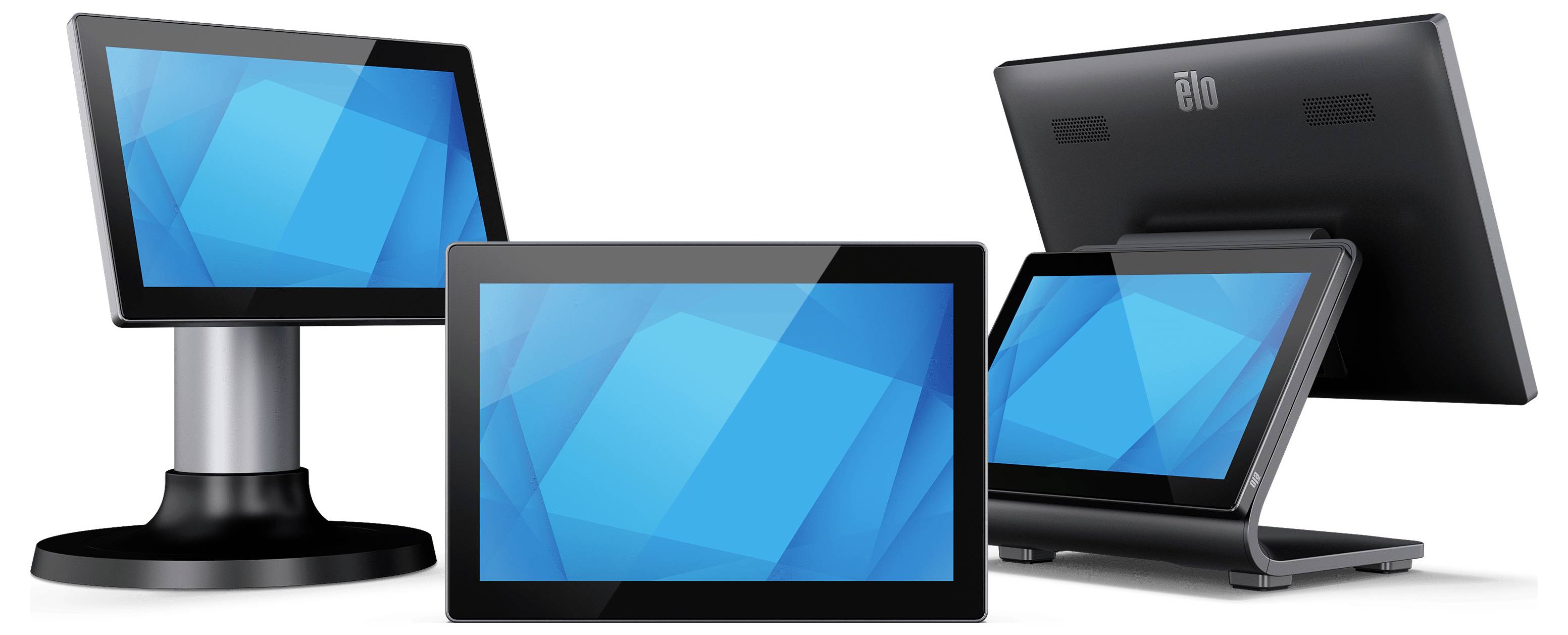 Drie touchscreen verkooppuntterminals weergegeven in voor- en achterweergaven, met blauwe beeldschermen en zwarte standaards.