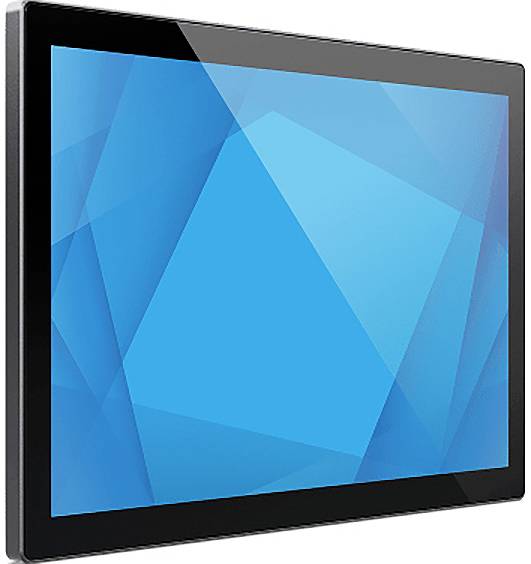 Zwart plat schermmonitor of televisie met een blauw abstract geometrisch behang op een witte achtergrond.