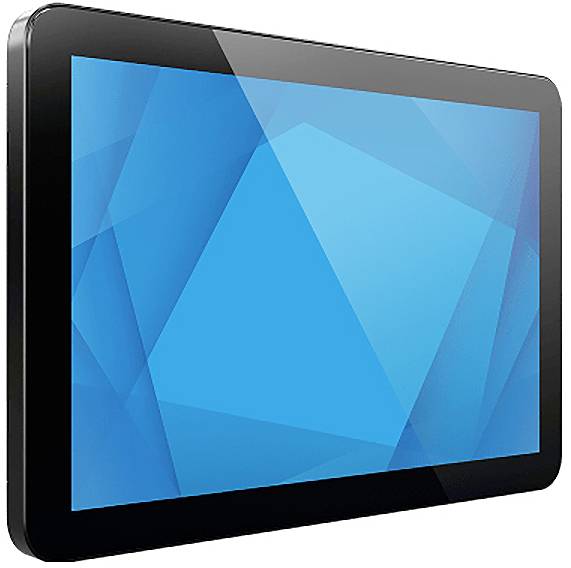 Zwart tabletapparaat weergegeven onder een hoek met een blauw geometrisch scherm op een witte achtergrond.