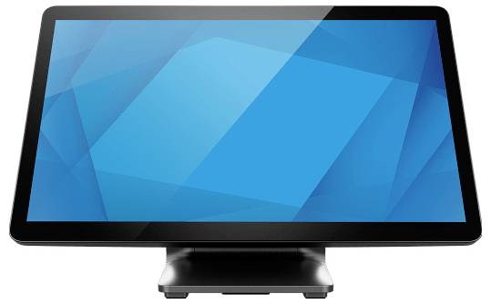 Een flatscreen-monitor met een blauwe abstracte weergave op een standaard, vooraanzicht op een witte achtergrond.