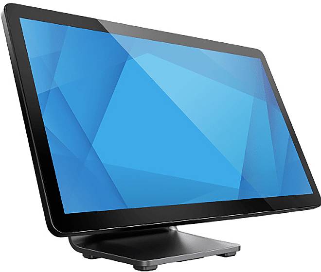 Hoekige zwarte computermonitor met blauw scherm op een standaard, weergegeven tegen een witte achtergrond.
