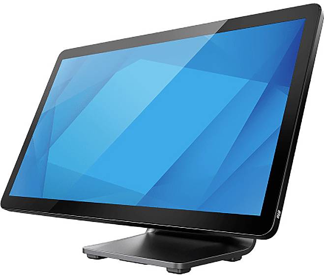 Een zwarte vlakscherm-computermonitor op een standaard, waarop een blauw abstract scherm wordt weergegeven.