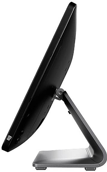 Zijkant van een zwarte all-in-one desktopmonitor op een minimalistische schuine standaard.
