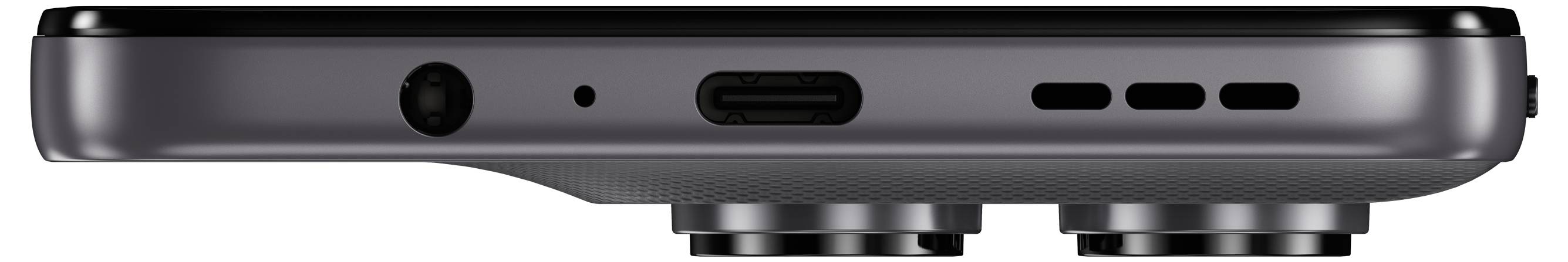 Zijaanzicht van de onderrand van een laptop, waarop poorten en ventilatieopeningen op een zilver-zwart chassis zichtbaar zijn.