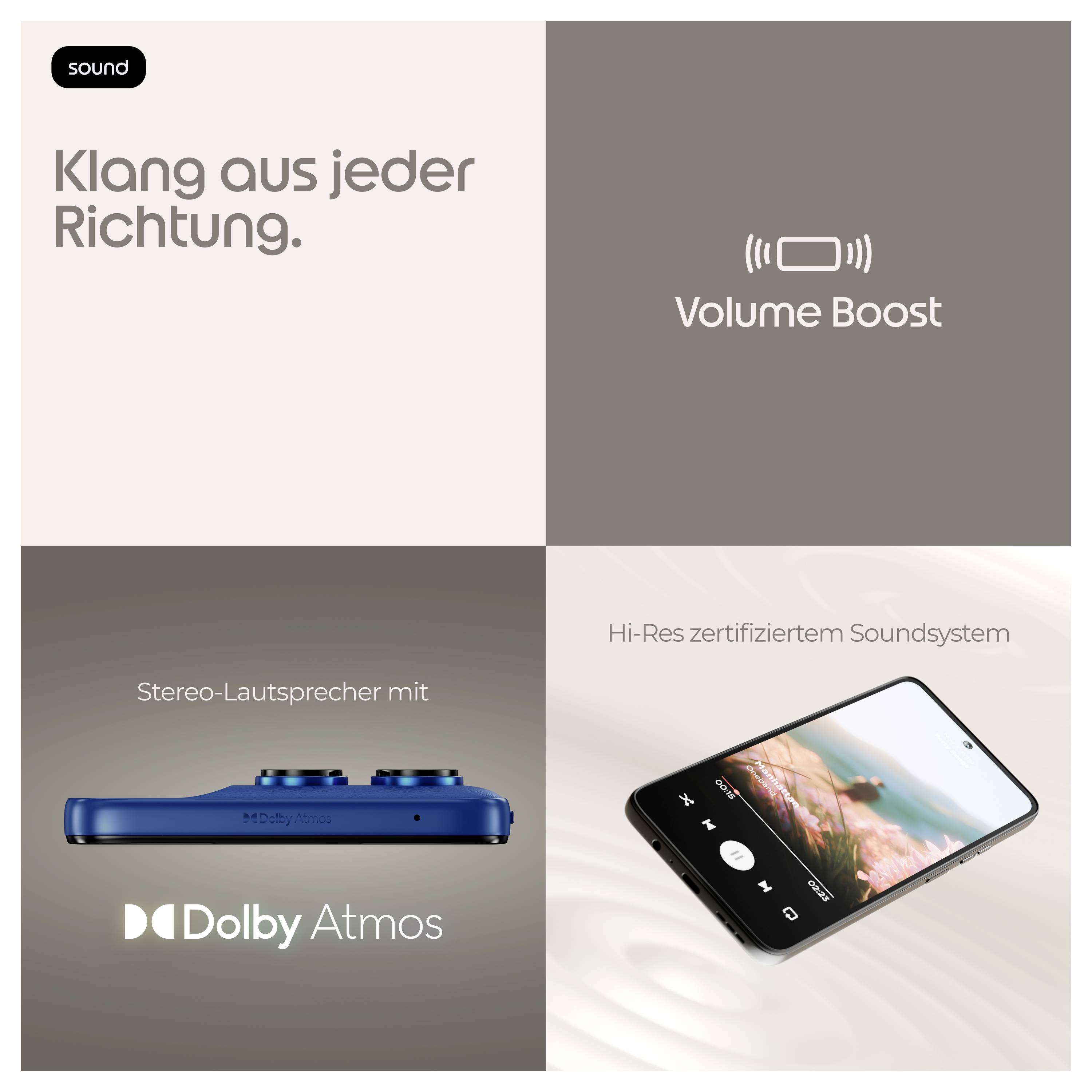 Vierpanelen telefoonadvertentie die geluidsfuncties promoot: 'Geluid uit alle richtingen.', 'Volume Boost', 'Stereoluidsprekers met Dolby Atmos', en 'Hi-Res gecertificeerd geluidssysteem' met een smartphone-afbeelding.