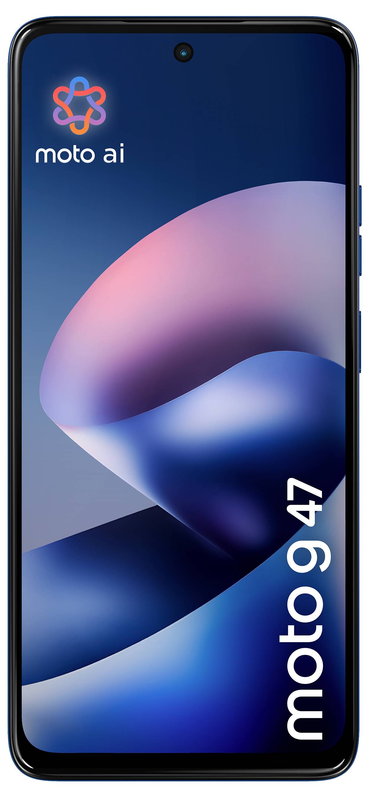 Motorola moto ai smartphone weergegeven van voren, met logo en 'moto ai' tekst op het scherm en 'moto g 47' branding langs de zijkant.