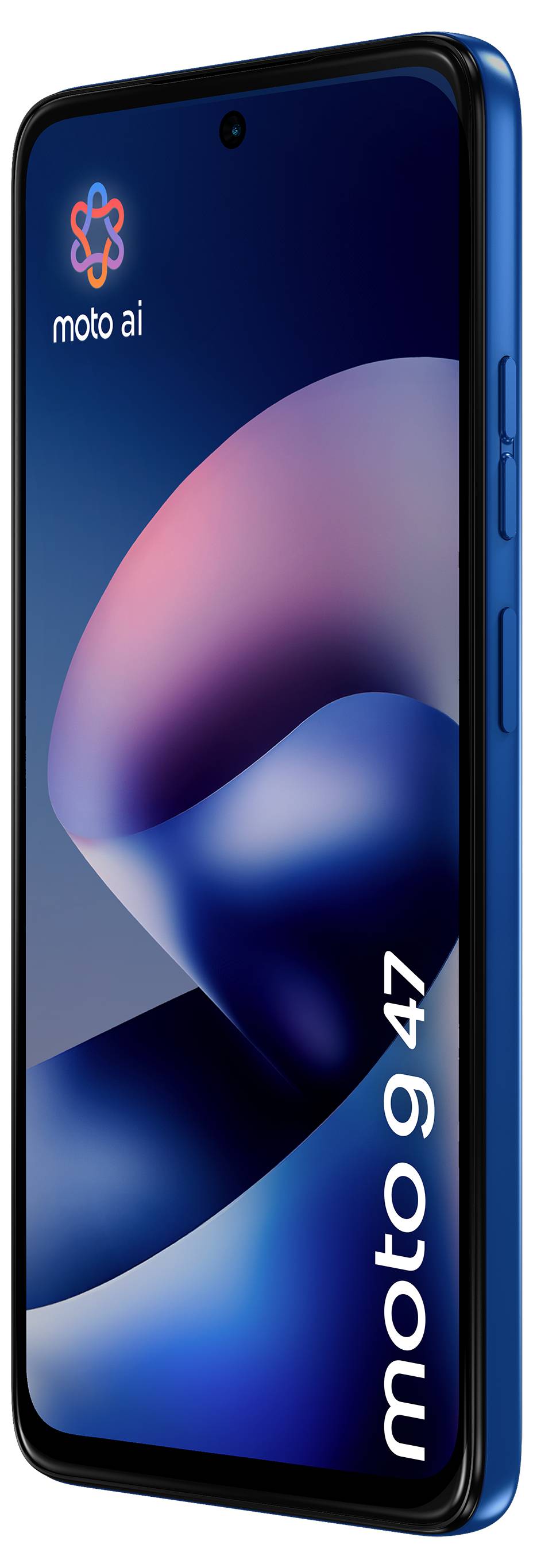 Een blauwe Moto AI-smartphone onder een hoek weergegeven, met het 'moto ai'-logo op het scherm en 'moto g 47'-tekst langs de rand van het display.