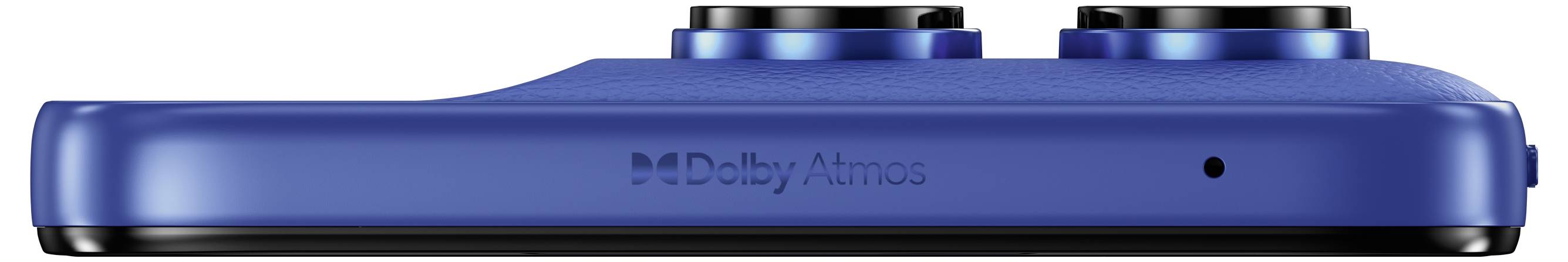 Blauwe Dolby Atmos-audioapparaat van voren afgebeeld, met twee ronde knoppen bovenaan en het Dolby Atmos-logo gecentreerd op het apparaat.