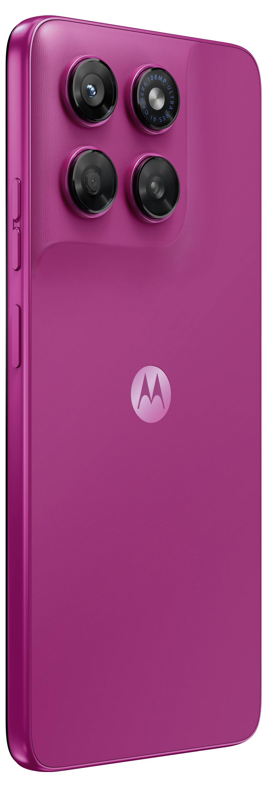 Roze Motorola-smartphone getoond van achteren, met vier achteruitrijcamera's en het Motorola-logo.