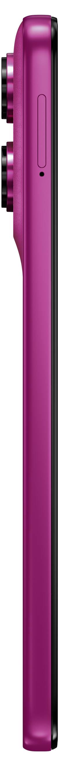 Zijaanzicht van een slimme roze smartphone met zijn metalen rand en zijknop.