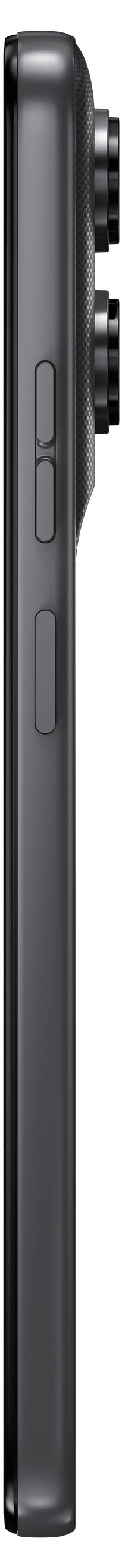 Zijkant van een slanke zwarte smartphone met daarmee zichtbare volumeknoppen en aan de zijkant geplaatste aan/uit-knop.
