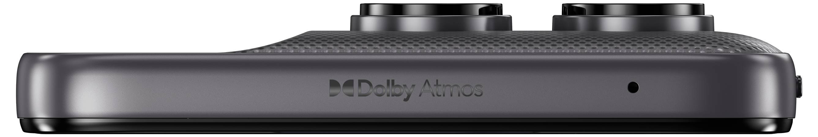Close-up van de bovenkant van een zwart mediaapparaat met twee ronde bedieningsschijven en het Dolby Atmos-logo gecentreerd aan de voorkant.