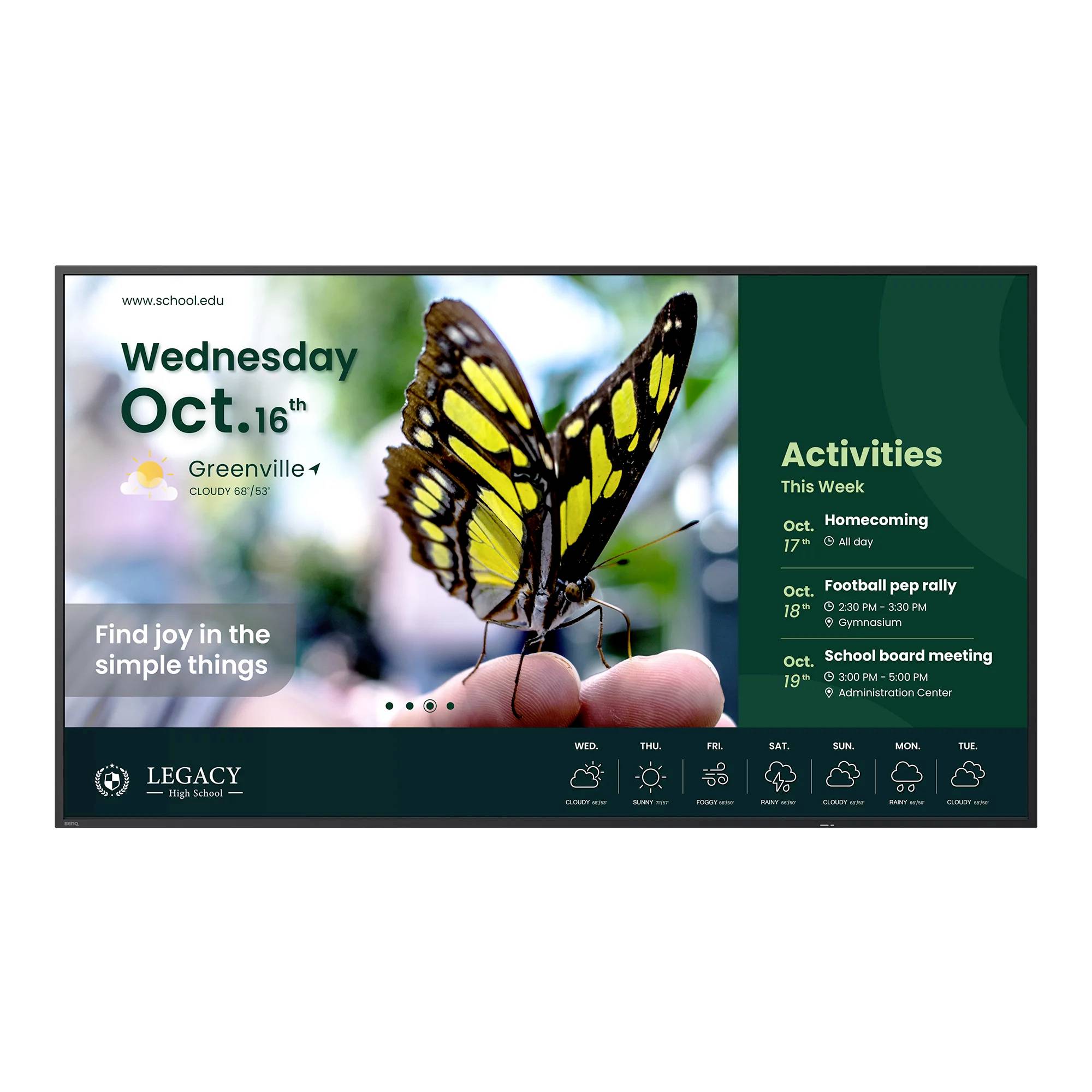 Schoolbord-stijl digitale weergave met een close-up van een vlinder, woensdag 16 oktober in Greenville, en wekelijkse activiteiten waaronder homecoming, voetbalpep rally en schoolbestuursvergadering.
