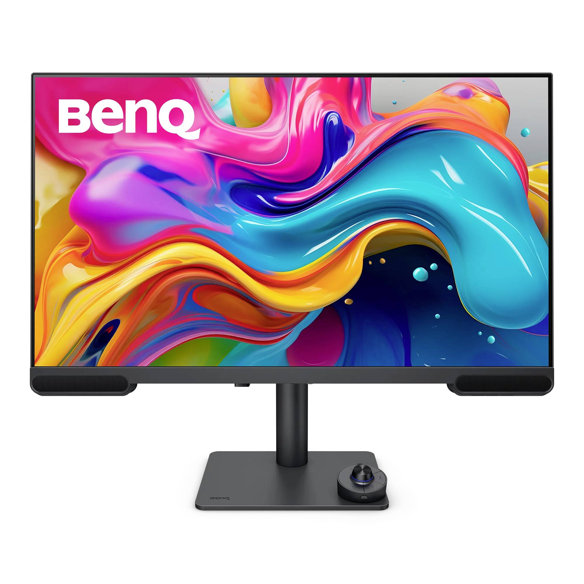BenQ monitor met een kleurrijk abstract display, weergegeven op een standaard met een bedieningsknop aan de basis.