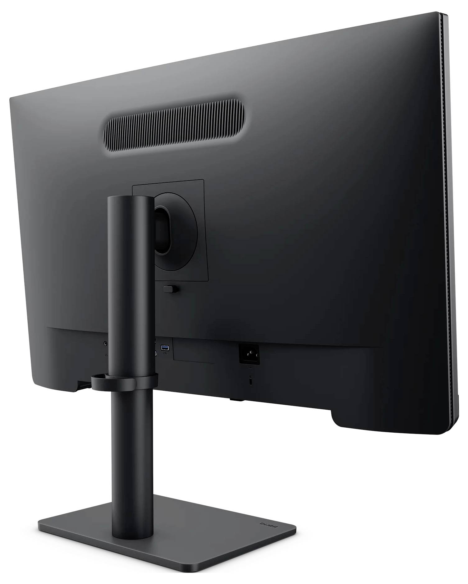 Achteraanzicht van een zwarte desktopmonitor op een standaard, met zichtbare verstelbare beugel, ventilatieopeningen en invoerpoorten.