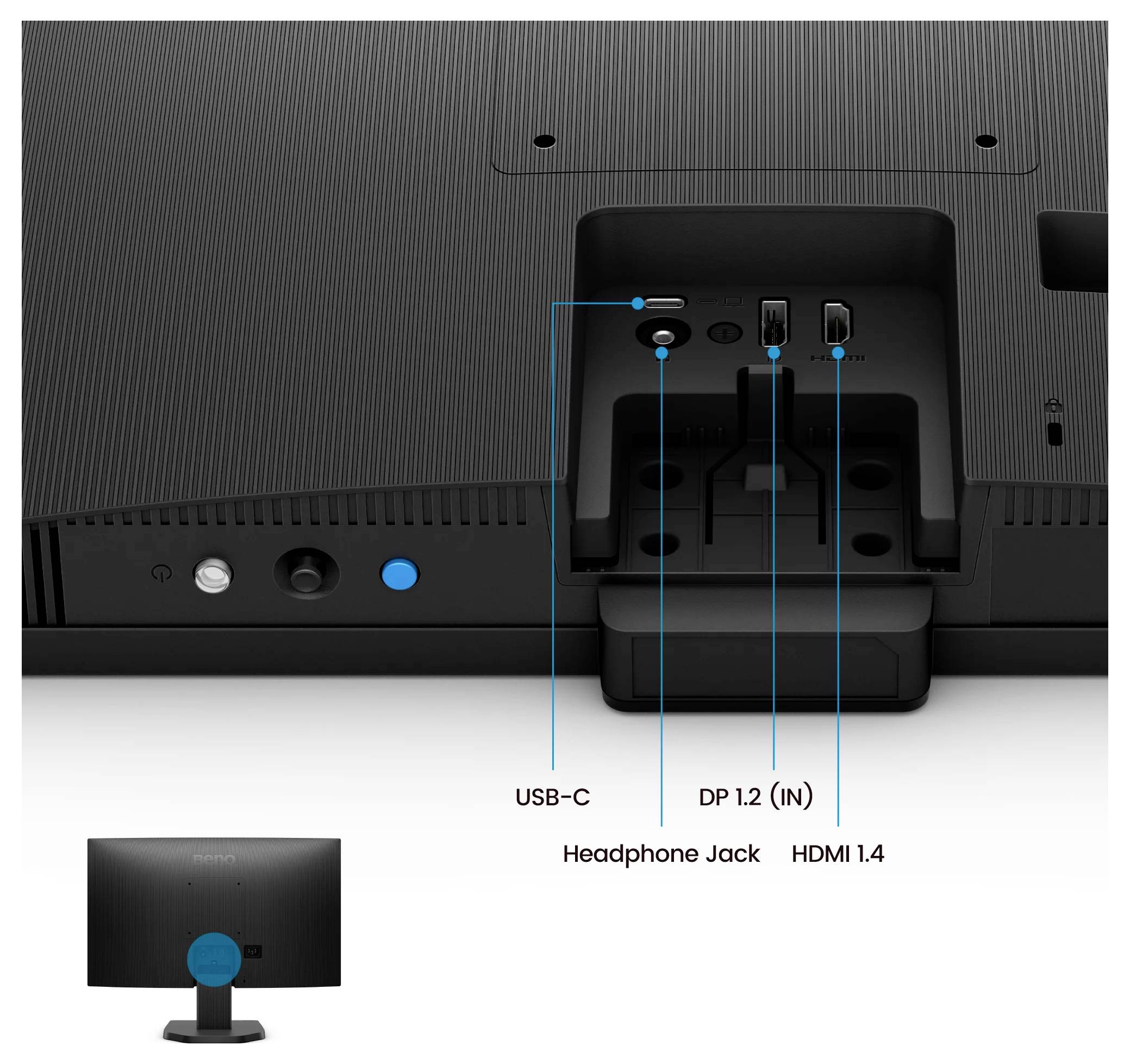 Achterkant van een monitor met poorten gelabeld USB-C, koptelefoonaansluiting, DP 1.2 (IN), en HDMI 1.4, met een kleine vooraanzicht-inzet van de monitor.