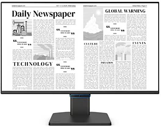 Computermonitor met een tweepagina's 'Dagblad'-lay-out met grote koppen zoals 'MONDIALE OPWARMING' en 'TECHNOLOGIE' en meerdere artikelkolommen.