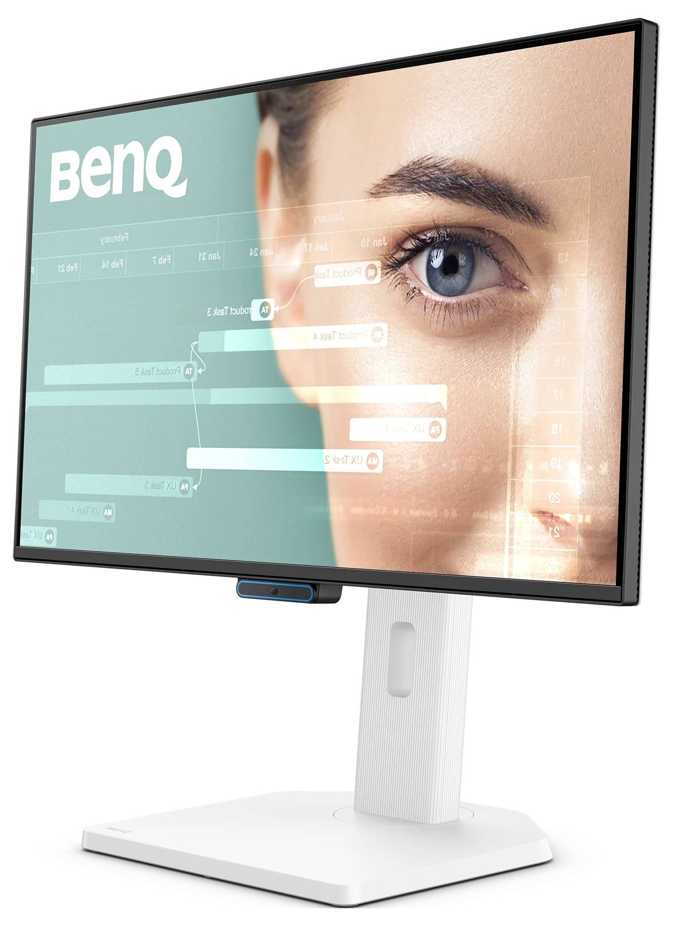 BenQ-monitor waarin een close-up van een oog en doorzichtige interfaceafbeeldingen worden weergegeven, wat visuele technologie of oogvolgtechnologieën suggereert.