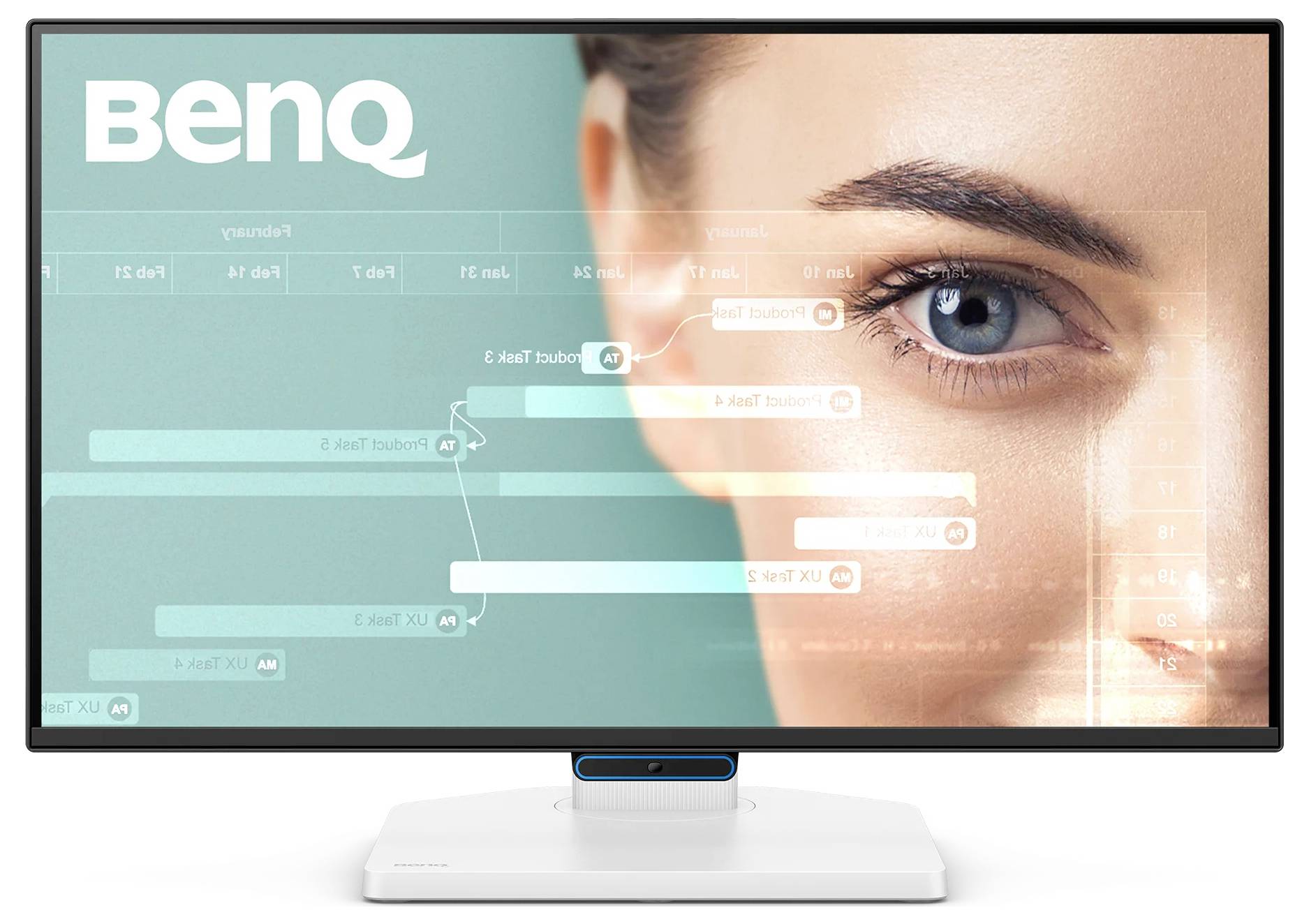 BenQ-monitor met een close-up van het oog van een vrouw met doorschijnende interface-graphics over het scherm.