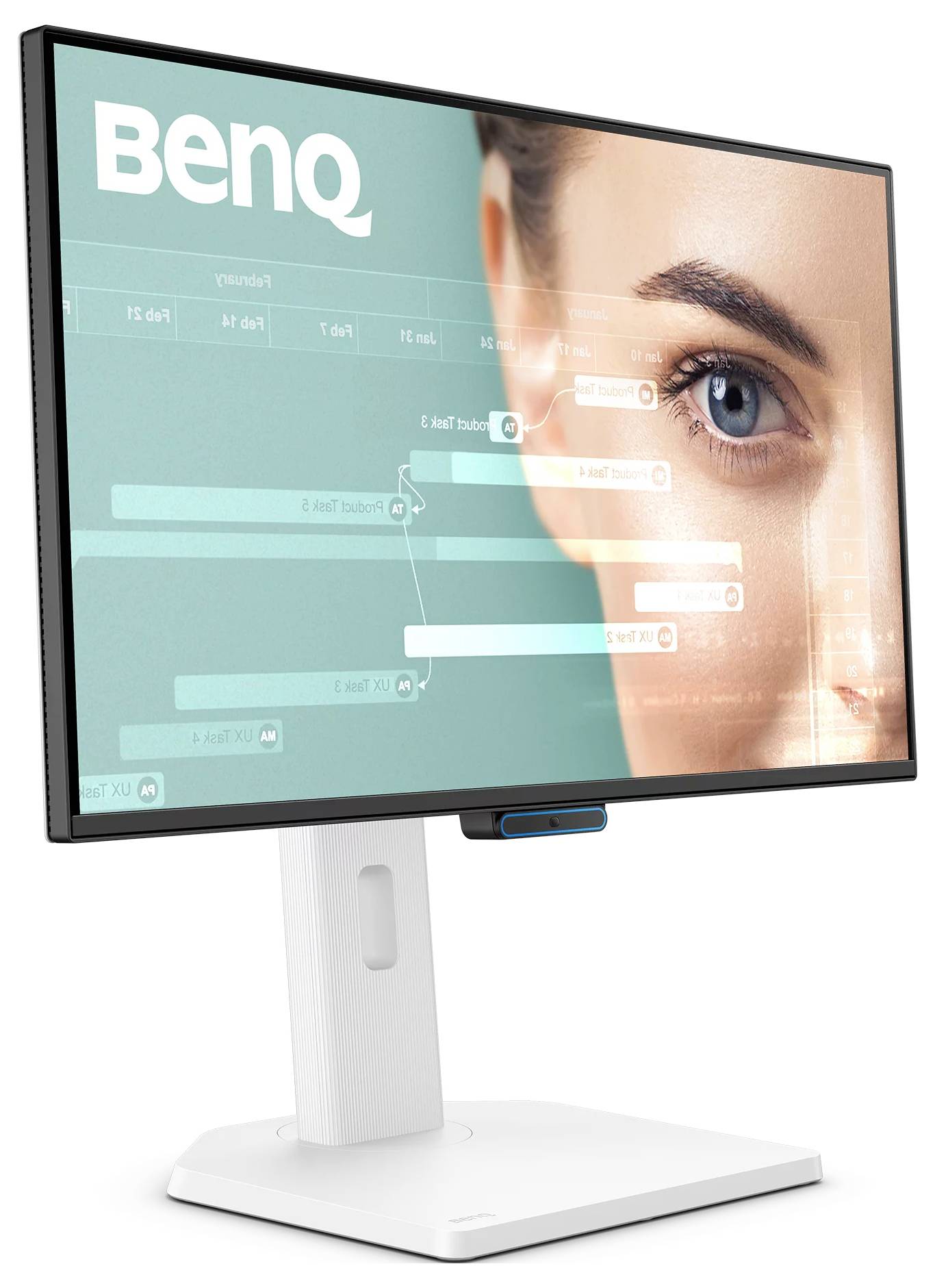BenQ-desktopmonitor met een teale interface boven een close-up van een vrouwengezicht, weergegeven op een witte standaard.