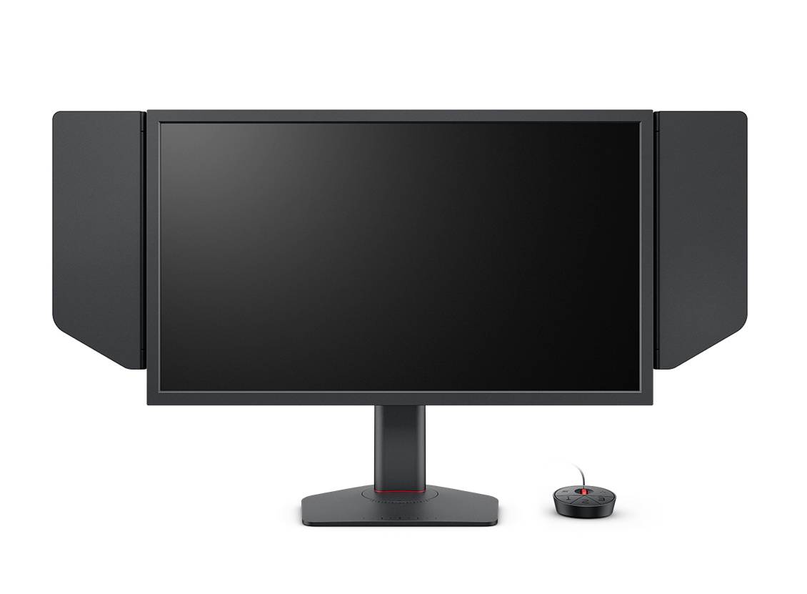 Een computermonitor met donkere zijpanelen voor privacy op een standaard, met een klein bedraad muisje ernaast.