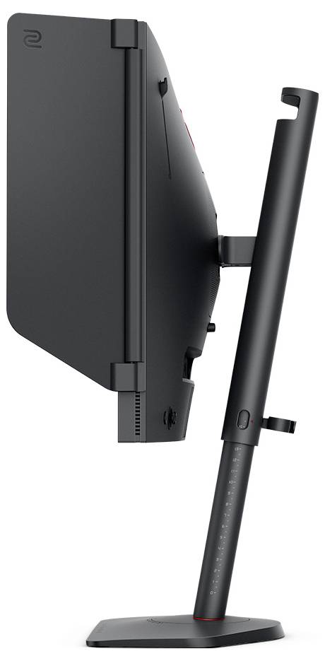 Zijkant van een zwarte gebogen computermonitor op een standaard, met zicht op het slanke profiel en de verstelbare montagearmen.