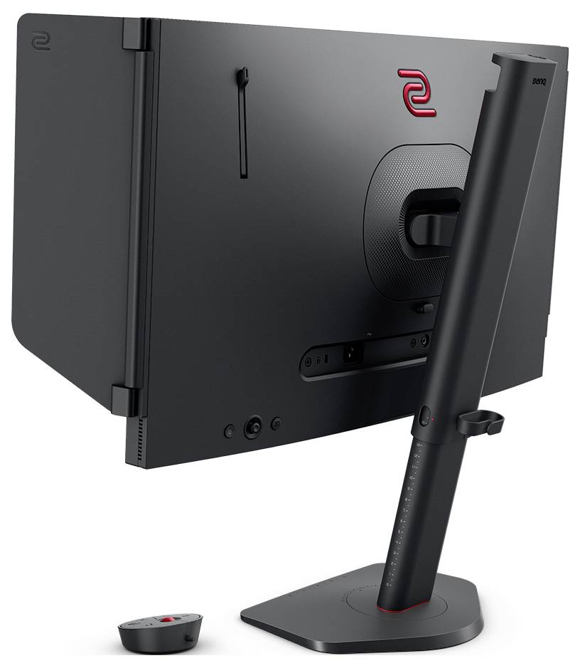 Achterkant van een zwarte BenQ-monitor met standaard en kleine bedieningspuck weergegeven op een witte achtergrond.