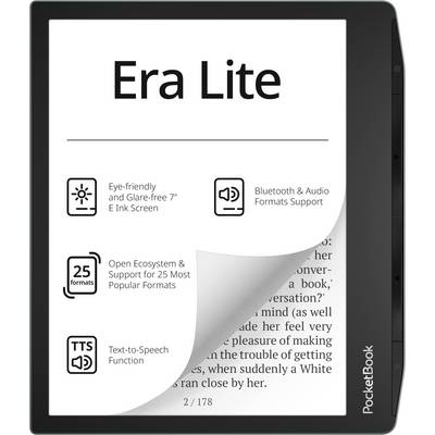 PocketBook Era Lite e-boeklezer met pagina-omslag-effect, gemarkeerde oogvriendelijke 7-inch E Ink-scherm, Bluetooth/audio-ondersteuning, 25 formaten en tekst-naar-spraak.