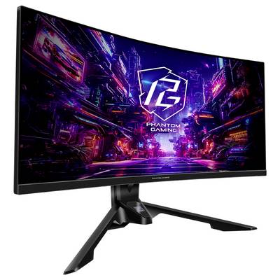 Gebogen gamingmonitor op een standaard die een neonachtig futuristisch stadslandschap weergeeft met het 'Phantom Gaming'-logo in het midden van het scherm.