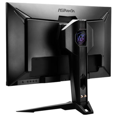 Achteraanzicht van een ASRock gaming monitor met een hoekige zwarte standaard en RGB-verlicht logo aan de achterkant.