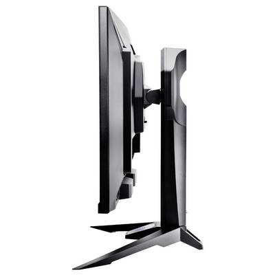 Zijaanzicht van een flatscreen-monitor op een hoekige standaard, met uitzicht op het slanke profiel van het scherm en de verstelbare achterkant.