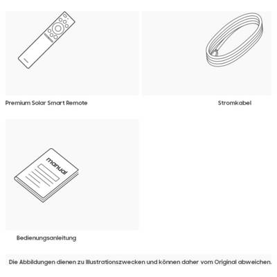 Geïllustreerde inhoudsopgave met een Premium Solar Smart Remote, voedingskabel en instructiehandleiding; opmerking zegt dat afbeeldingen kunnen verschillen van het origineel.