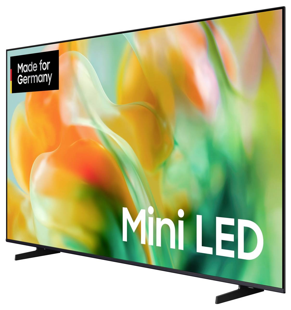 Flat-screen televisie met kleurig abstract display en tekst op het scherm 'Mini LED'; label in de hoek leest 'Made for Germany'.