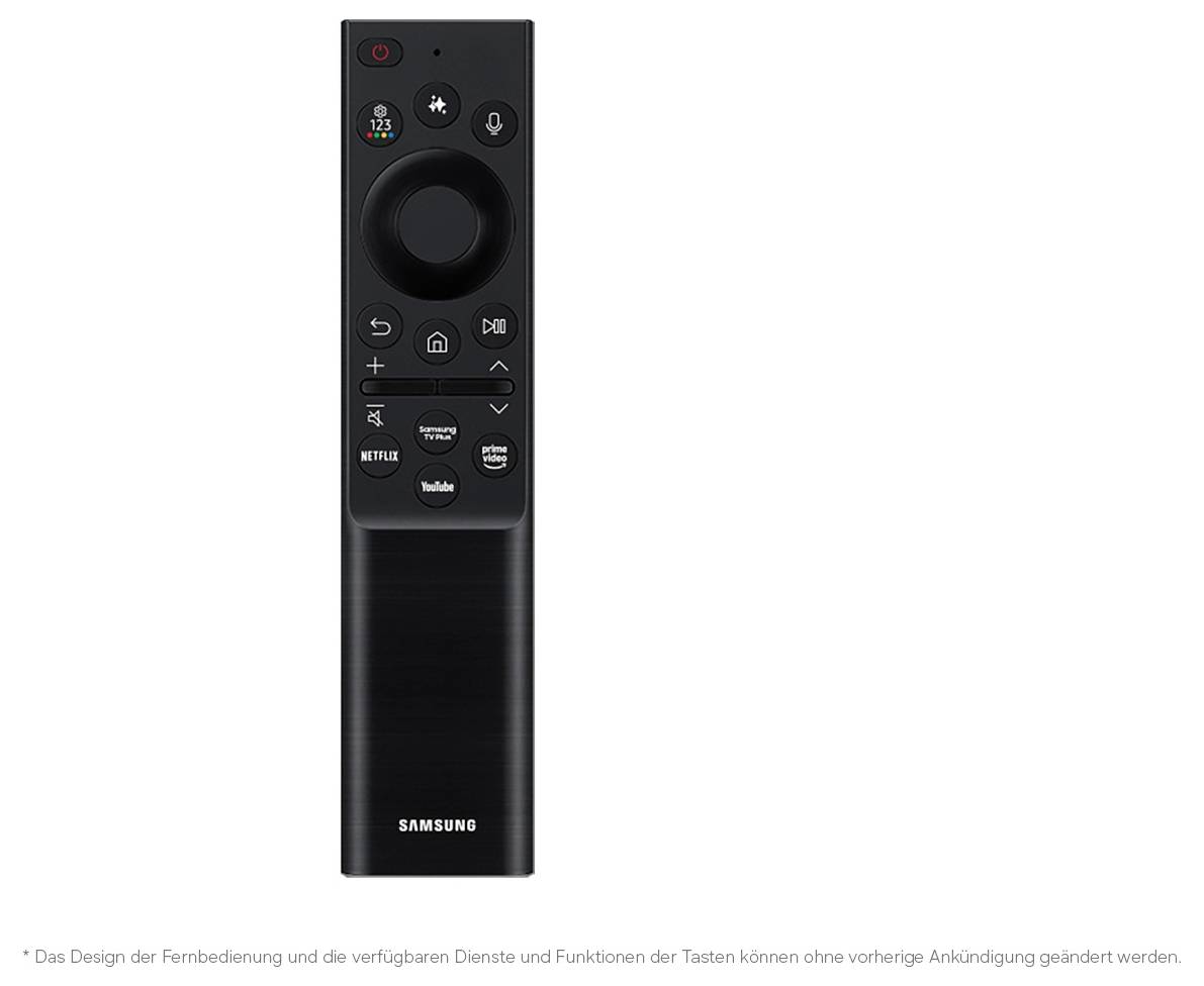 Zwarte Samsung slimme TV-afstandsbediening met circulaire navigatiepad, volume- en kanaalbesturingselementen, spraakknop en streamingsnelkoppelingen voor Netflix en YouTube.