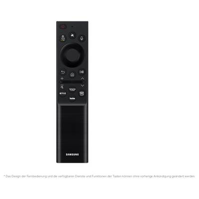 Zwarte Samsung slimme TV-afstandsbediening met circulaire navigatiepad, volume- en kanaalbesturingselementen, spraakknop en streamingsnelkoppelingen voor Netflix en YouTube.