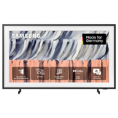 Samsung TV-display met 'Made for Germany' badge en pictogrammen voor Glare Free, Art Mode, verwisselbare frame, Dolby Atmos en Vision AI Companion.