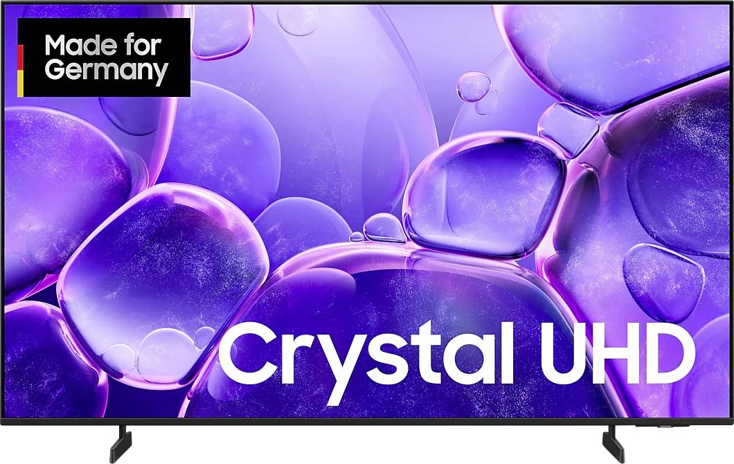 Samsung Crystal UHD TV-scherm met paarse kristalachtige abstracte afbeeldingen en 'Made for Germany' badge, gelabeld 'Crystal UHD'