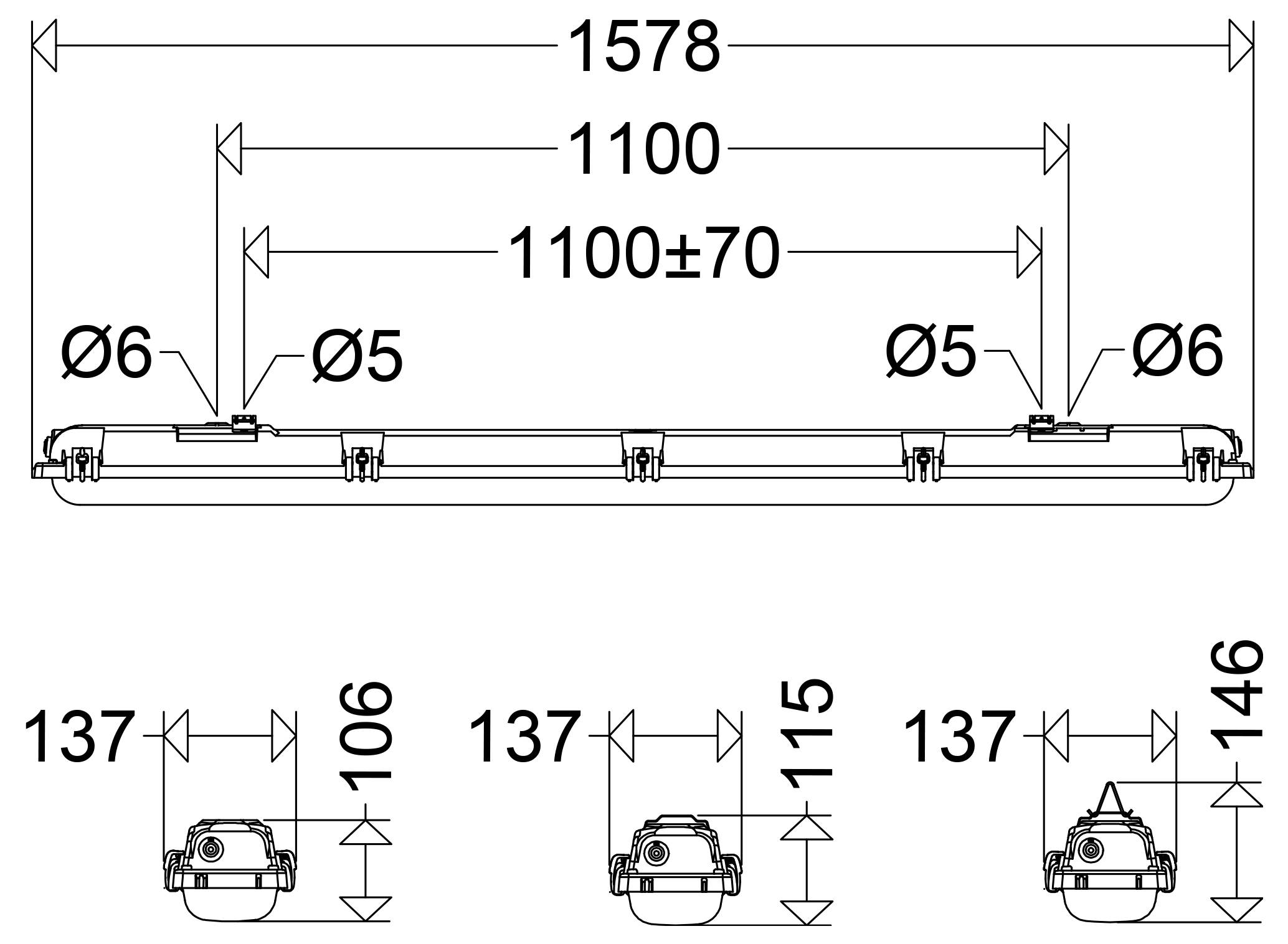 Technische dimensionetekening van een lange lineaire lichtfixatie, waarin de totale lengte 1578 mm, montageafstand 1100 mm, gaten met diameter Ø5 en Ø6, en eind-/zijdimensies 137 mm, 106 mm, 115 mm en 146 mm worden weergegeven.