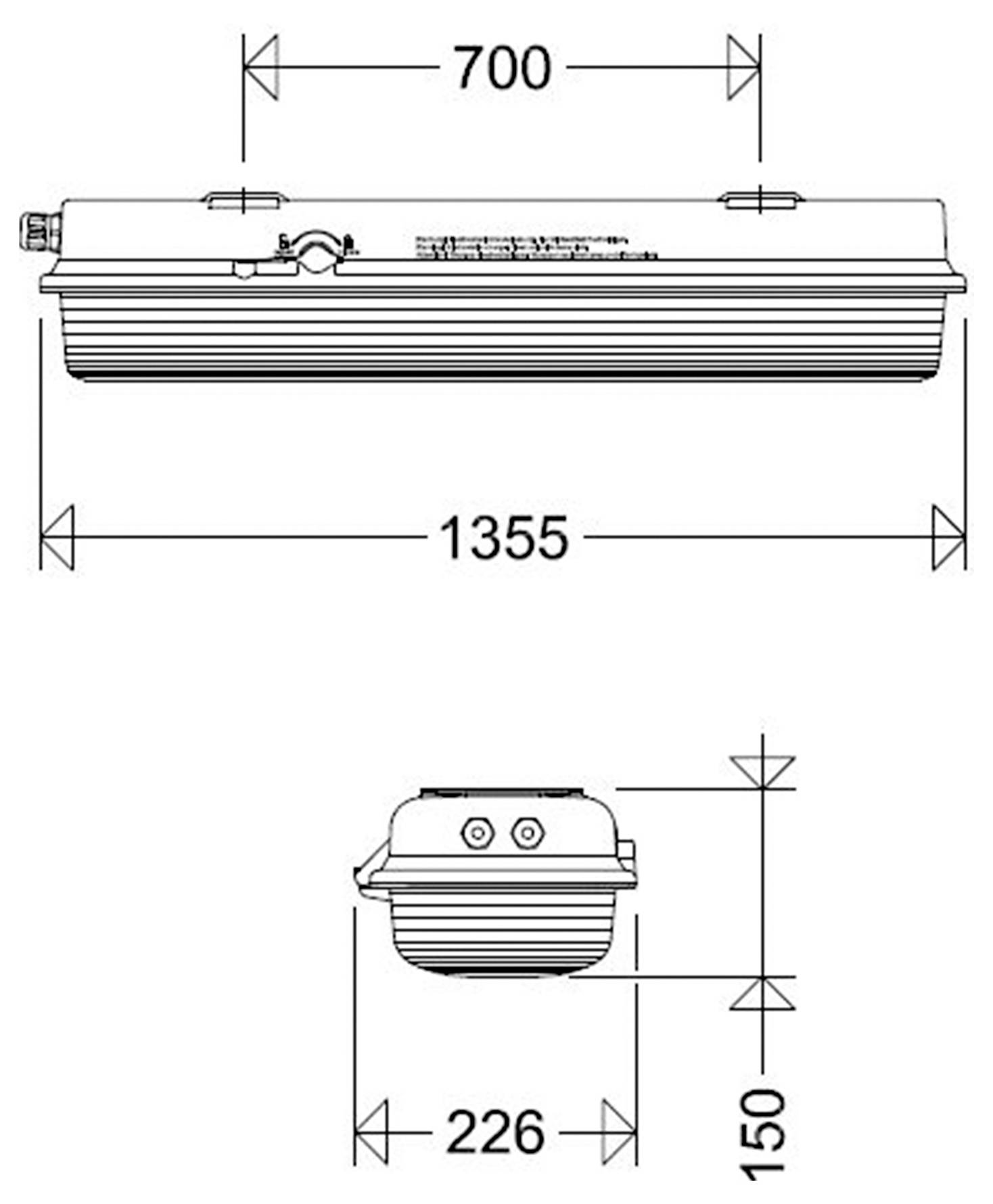 Technische dimensionaaltekening van een rechthoekige behuizing, gelabeld 745 mm lang, 400 mm bovenste afstand, 226 mm breed, 150 mm hoog, met M8 bevestigingspunten.