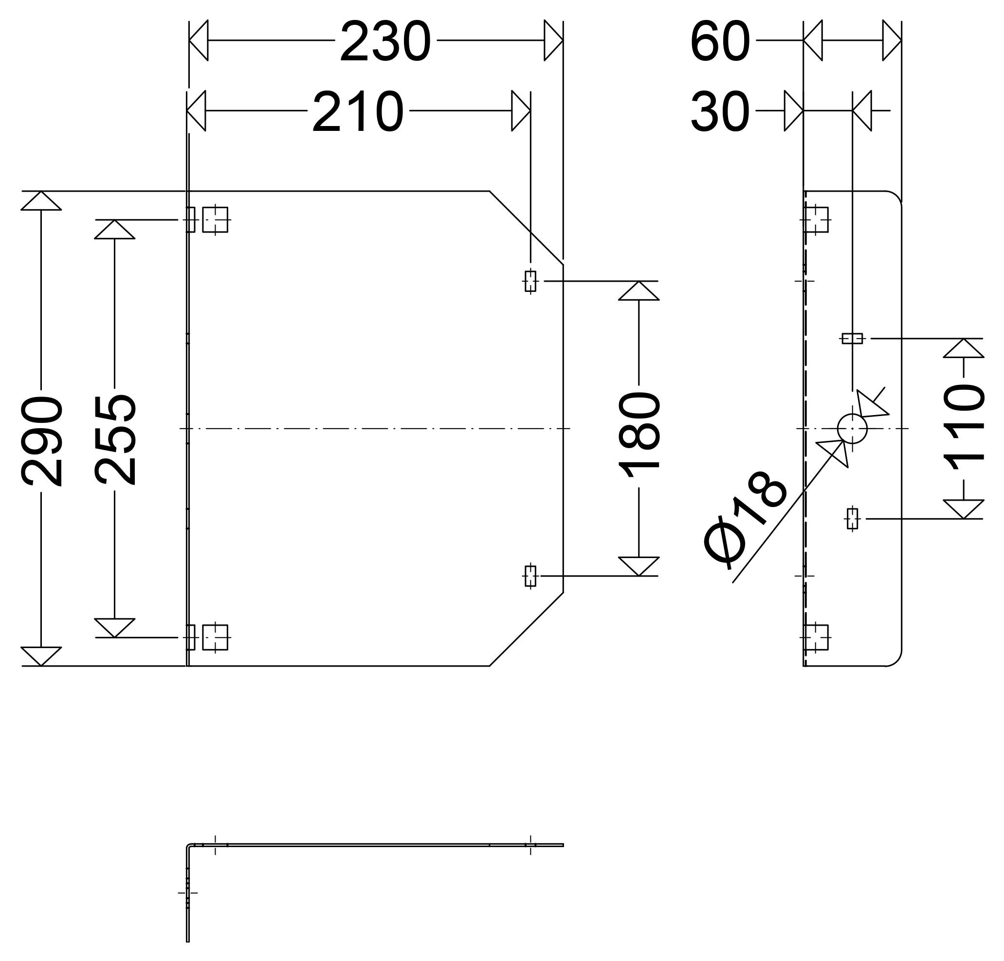 Technische tekening van een rechthoekige plaat met afgeschuinde rechter hoeken en bevestigingsgaten, met afmetingen 290, 255, 230, 210, 180, 110, 60, 30 en 18 mm diameter.