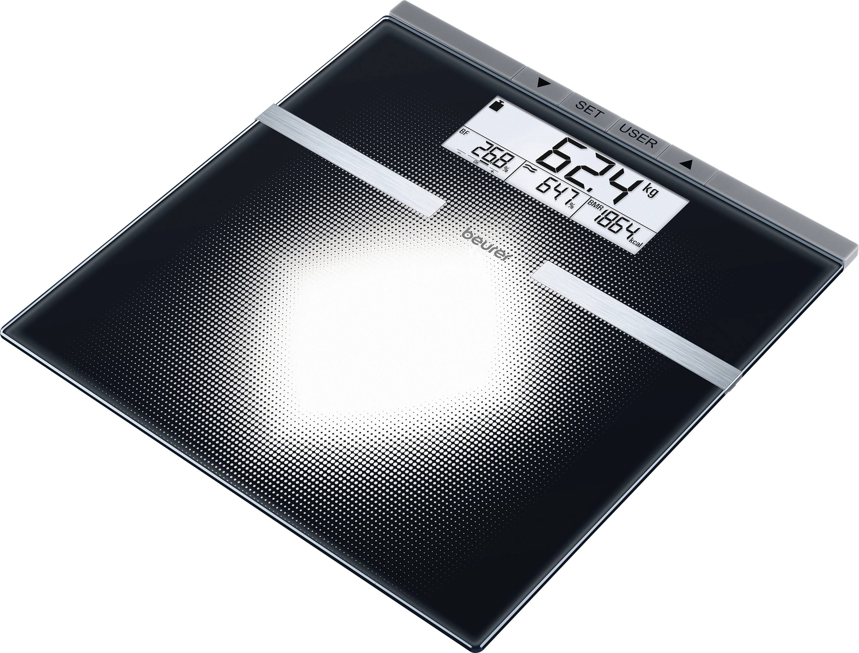 Digitale badkamerweegschaal met 62,4 kg weergegeven op het LCD-scherm.