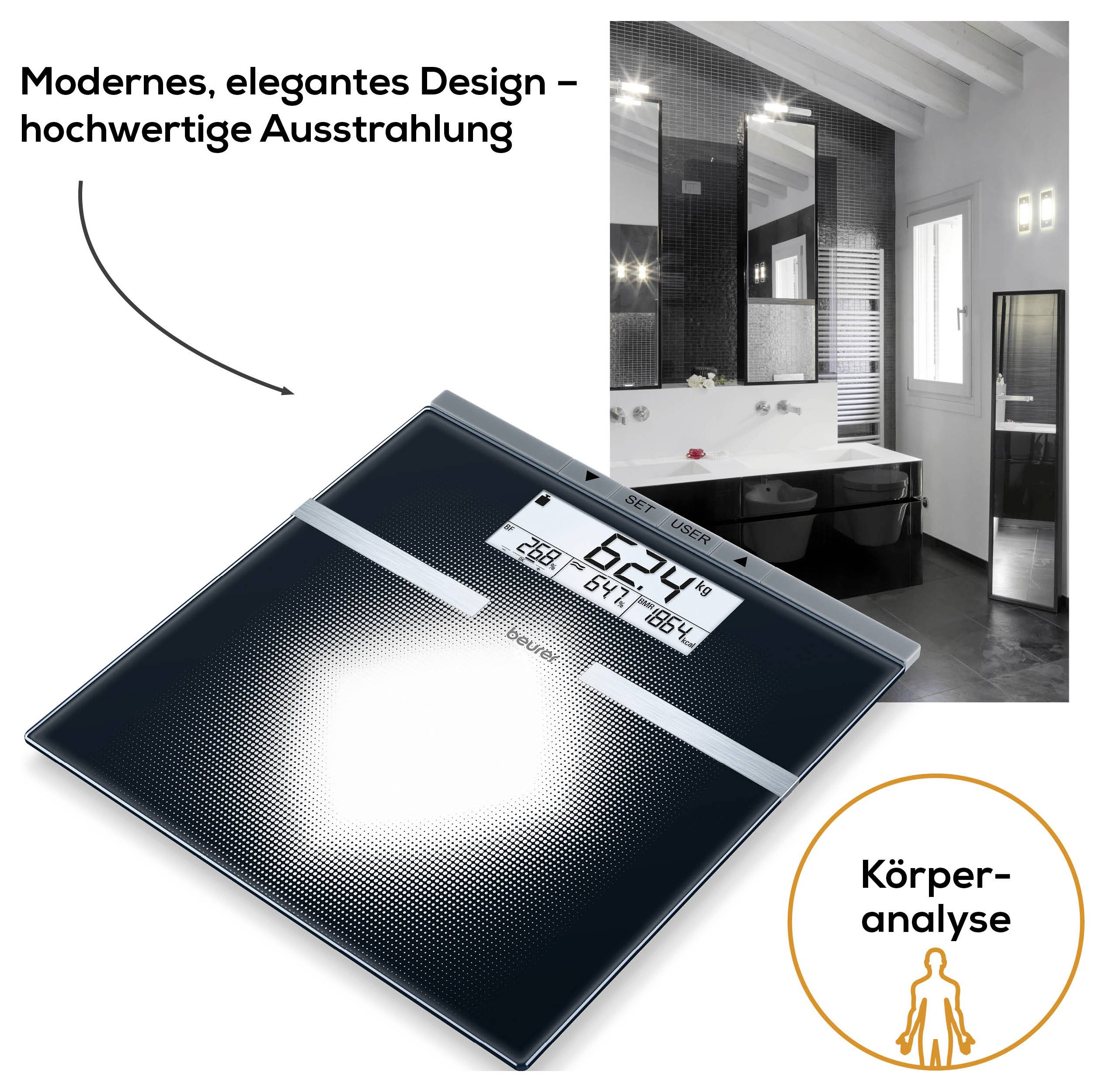 Advertentieafbeelding van een digitale lichaamsanalyse-weegschaal in een modern badkamer; toont nauwkeurige meetwaarden en 'Lichaamsanalyse' als functie.
