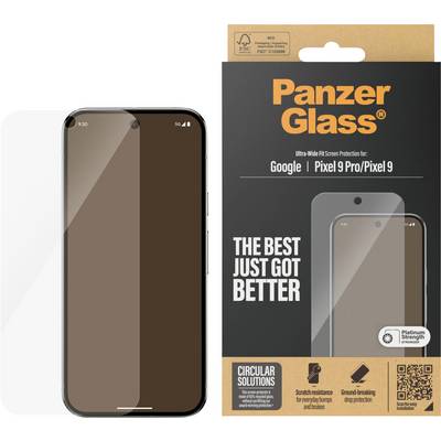 Productafbeelding van PanzerGlass schermbeschermer voor Google Pixel 9 Pro/Pixel 9, met een telefoon waarop de beschermer is aangebracht en verpakking met de tekst 'THE BEST JUST GOT BETTER'.