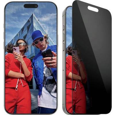 Twee smartphones naast elkaar weergegeven: één toont een selfie van twee mensen voor een glazen gebouw, de ander toont een donker privacyscherm dat de afbeelding blokkeert.