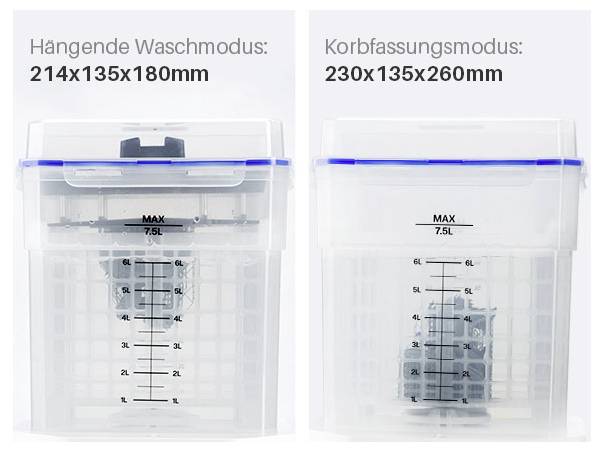 Vergelijkingsafbeelding van een duidelijke wascontainer in twee modi: ophangwasmodus 214x135x180mm en mandenvangstukmodus 230x135x260mm, beide gemarkeerd met 7,5L max.