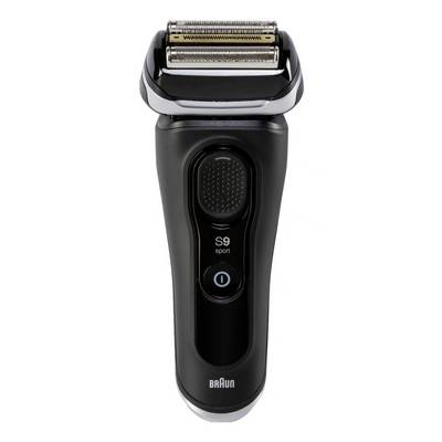Zwart Braun S9 Sport elektrisch scheerapparaat met foliekoppen, voorknop en laad-/displaypaneel.
